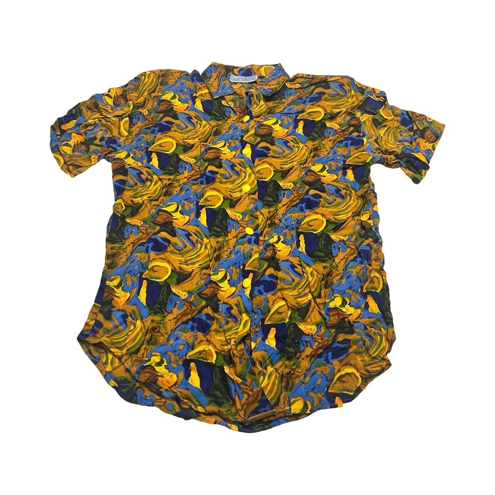 Vintage 90s Abstract Swirl Rayon Button Up Shirt‎ Medium Yellow
